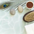 Flat lay composition with peacock feather, massage stones, oil, towel and body brush Royalty Free Stock Photo
