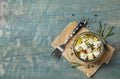 Flat lay composition with pickled feta cheese in jar on wooden table. Space for text Royalty Free Stock Photo