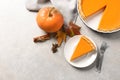 Flat lay composition with piece of fresh delicious homemade pumpkin pie Royalty Free Stock Photo