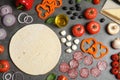 Flat lay composition pizza crust and fresh ingredients