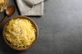 Flat lay composition with plate of cooked spaghetti squash and space for text Royalty Free Stock Photo