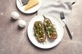 Flat lay composition with plate of stuffed eggplants Royalty Free Stock Photo