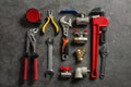 Flat lay composition with plumber`s tools Royalty Free Stock Photo