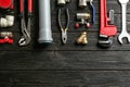 Flat lay composition with plumber`s tools and space for text Royalty Free Stock Photo