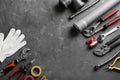 Flat lay composition with plumber`s tools and space for text Royalty Free Stock Photo