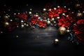 Flat lay composition with poinsettias and glitters, fur, red balls, stars decor on weathered rustic wooden table. Generative Ai