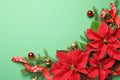 Flat lay composition with poinsettias traditional Christmas flowers and holiday decor on green background. Space for text