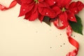 Flat lay composition with poinsettias traditional Christmas flowers and ribbon on beige background. Space for text