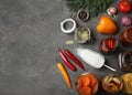 Flat lay composition with products and jars of pickled vegetables on grey table Royalty Free Stock Photo