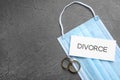 Flat lay composition protective mask and wedding rings on grey table, space for text. Divorce during coronavirus quarantine