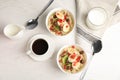 Flat lay composition with quinoa porridge and coffee on wooden background Royalty Free Stock Photo