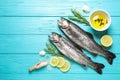 Flat lay composition with raw cutthroat trout fish on blue wooden table, space for text Royalty Free Stock Photo