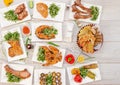 Flat lay composition of restaurant menu. top view of barbequed fish, chicken, pork, mushrooms, lamb and beef served with sliced b