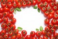 Flat lay composition with ripe cherry tomatoes and basil leaves on white background