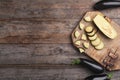 Flat lay composition with ripe eggplants Royalty Free Stock Photo