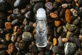 Flat lay composition of a roll on transparent deodorant bottle on wet beach stones . Fresh ocean scented product mock up Royalty Free Stock Photo