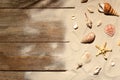 Flat lay composition with seashells, beach sand and space for text Royalty Free Stock Photo