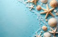 Flat lay composition of seashells, starfish arranged on textured blue background with delicate sea foam bubbles. Image evokes Royalty Free Stock Photo