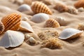 Flat Lay Composition with Seashells and Starfish on Beach Sand Background Royalty Free Stock Photo