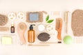 Flat lay composition with self-care products and herbal cosmetics for bodycare and skin care. Natural bath accessories bundle Royalty Free Stock Photo