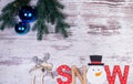 Flat lay composition with serpentine streamers and Christmas decor on wooden background. Space for text Balls, branches, hat