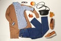 Flat lay composition with set of stylish winter outfit