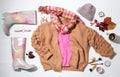 Flat lay composition with set of stylish winter outfit Royalty Free Stock Photo