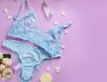 Flat lay composition with sexy women`s underwear on background, space for text Royalty Free Stock Photo