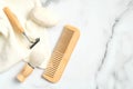 Flat lay composition with shaving razor, brush, towel, soap, hair comb. Bathroom accessories for man, face skincare concept