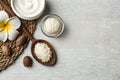 Flat lay composition with Shea butter, nuts and space for text Royalty Free Stock Photo