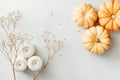 Flat lay composition of small pumpkins on a white background with decor Royalty Free Stock Photo