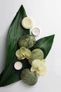 Flat lay composition with spa stones, green leaves and beautiful flowers on white table Royalty Free Stock Photo