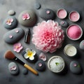 Flat Lay Composition With Spa Stones Pion Pink Flower On Grey Background Royalty Free Stock Photo
