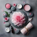 Flat Lay Composition With Spa Stones Pion Pink Flower On Grey Background Royalty Free Stock Photo
