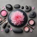 Flat Lay Composition With Spa Stones Pion Pink Flower On Grey Background Royalty Free Stock Photo