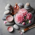 Flat Lay Composition With Spa Stones Pion Pink Flower On Grey Background Royalty Free Stock Photo