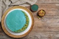 Flat lay composition with spirulina on wooden table. Space for text Royalty Free Stock Photo