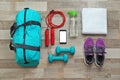 Flat lay composition with sports bag Royalty Free Stock Photo