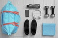 Flat lay composition with sports bag on background Royalty Free Stock Photo