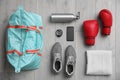 Flat lay composition with sports bag on background Royalty Free Stock Photo