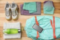 Flat lay composition with sports bag on background Royalty Free Stock Photo