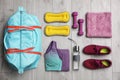 Flat lay composition with sports bag on background Royalty Free Stock Photo