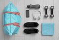 Flat lay composition with sports bag on background Royalty Free Stock Photo