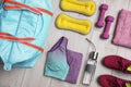 Flat lay composition with sports bag on background Royalty Free Stock Photo