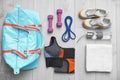 Flat lay composition with sports bag on background Royalty Free Stock Photo