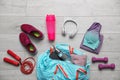 Flat lay composition with sports bag on background Royalty Free Stock Photo