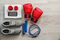 Flat lay composition with sports bag Royalty Free Stock Photo