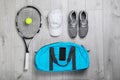 Flat lay composition with sports bag