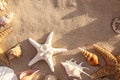 Flat lay composition with starfishes and seashells on sandy beach Royalty Free Stock Photo