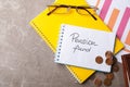 Flat lay composition with stationery, coins, glasses and words PENSION FUND written in notebook Royalty Free Stock Photo